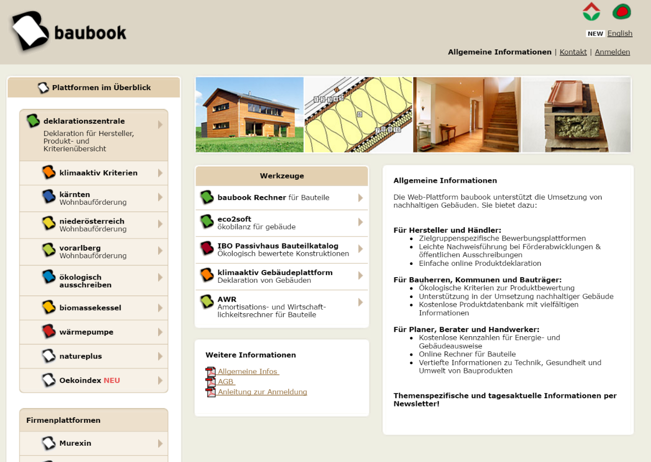 baubook Ökologische Bauprodukte Bild der Website