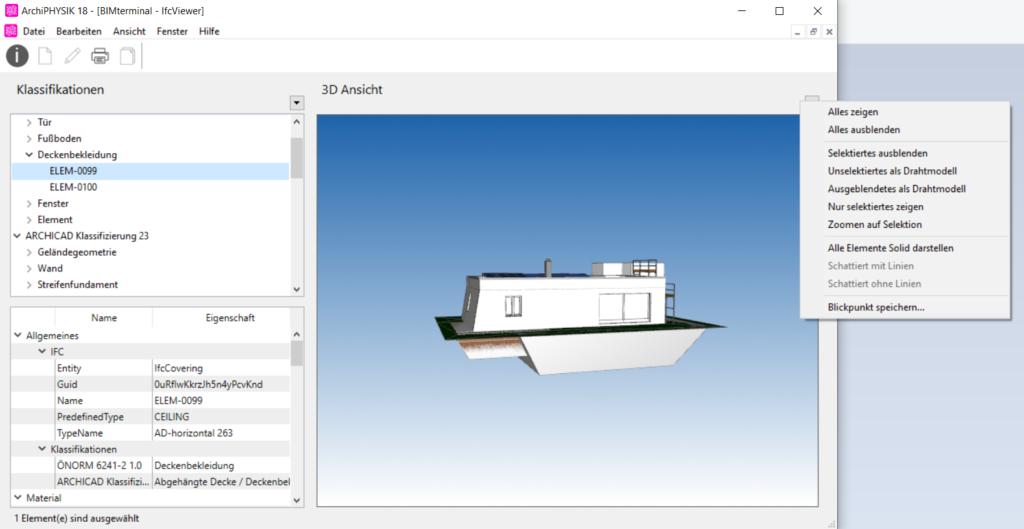 Anzeige Möglichkeiten im IFC Viewer, Aufbautenfinder im ArchiPHYSIK 18