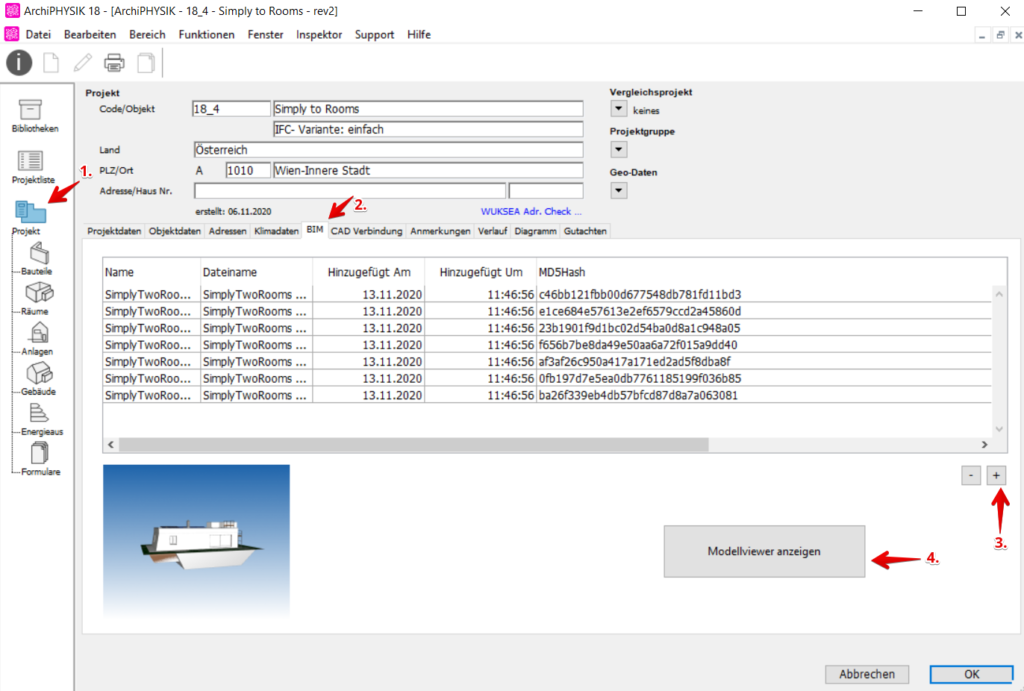 IFC Viewer, BIM, ArchiPHYSIK, Projekt, Modellviewer anzeigen