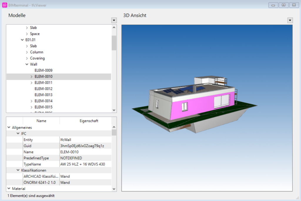 IFC Viewer, Bauteil durch Klicken selektieren, Ansicht