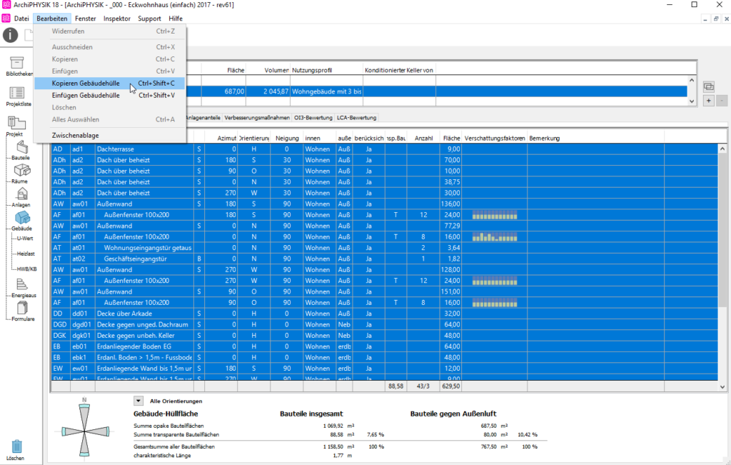 User Interface ArchiPHYSIK. Gebäudehülle in Excel-Tabelle zu kopieren.