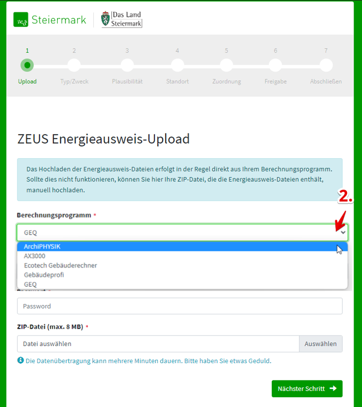 Screenshot manueller ZEUS Upload Dialog