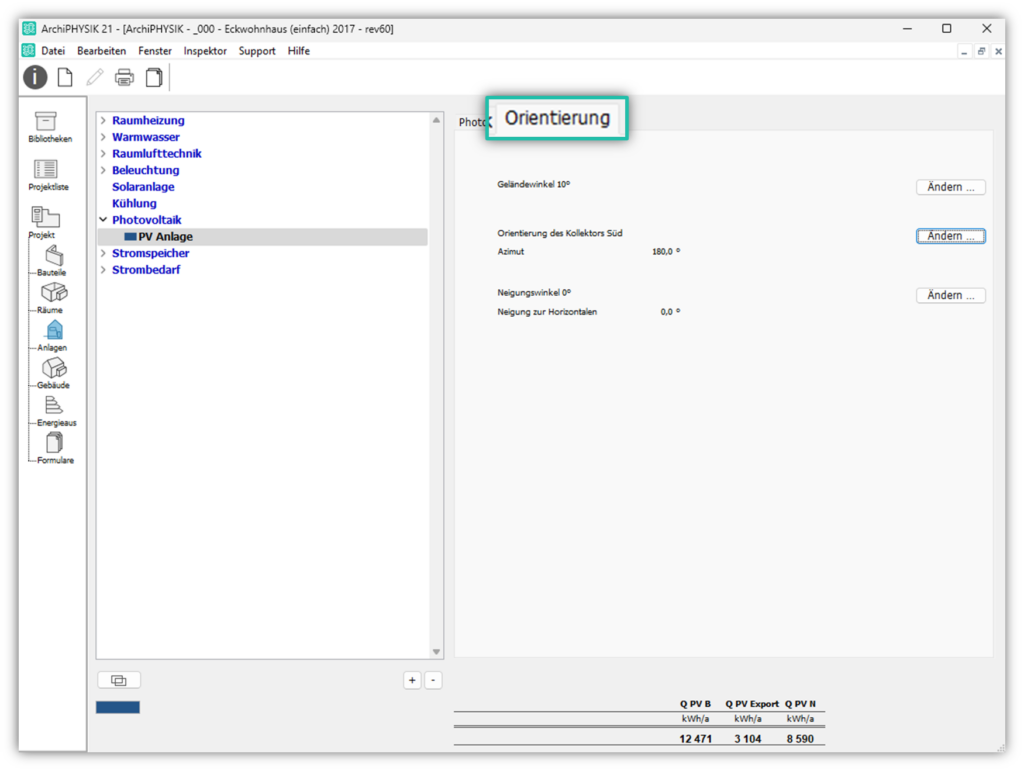 Neue Darstellung Photovoltaikanlage - neuer Reiter "Orientierung"