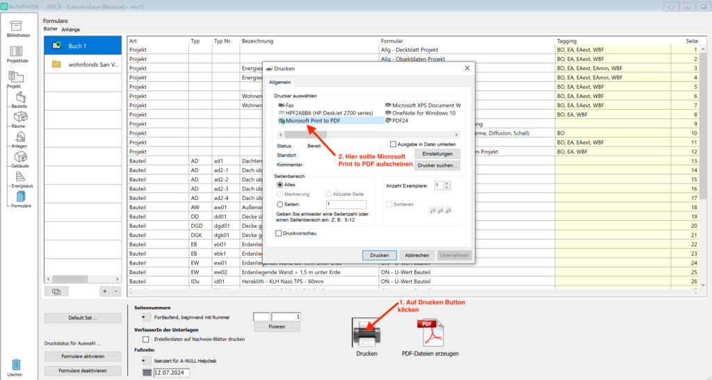 Einstellungen zu ArchiPHYSIK und Microsoft Print to PDF unter Windows. Kontrolle der Einstellungen.