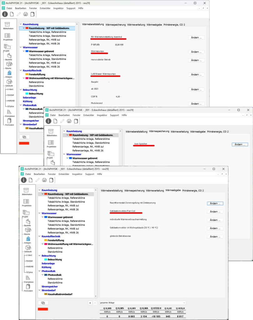 ArchiPHYSIK UI mit Einstellungen Raumheizung