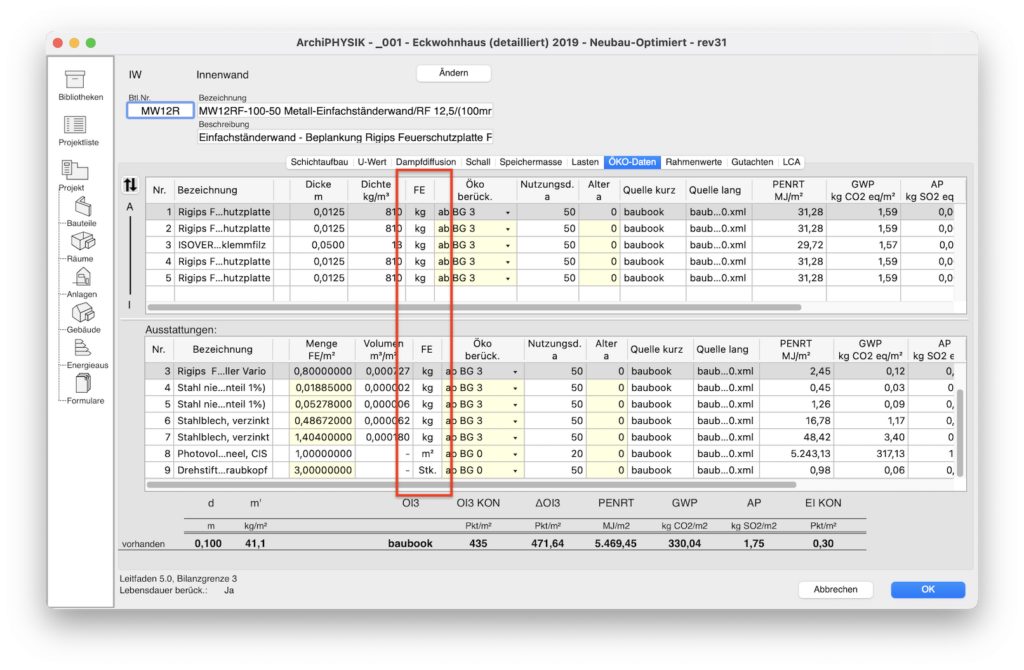 Userinterface zusätzlicher Funktionale Einheiten für die Berechnung ökologischer Kennwerte.