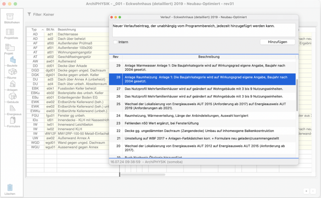 Userinterface das zeigt wie ein Floating Window für die Dokumentation eines mit ArchiPHYSIK berechneten Projekts aussieht.