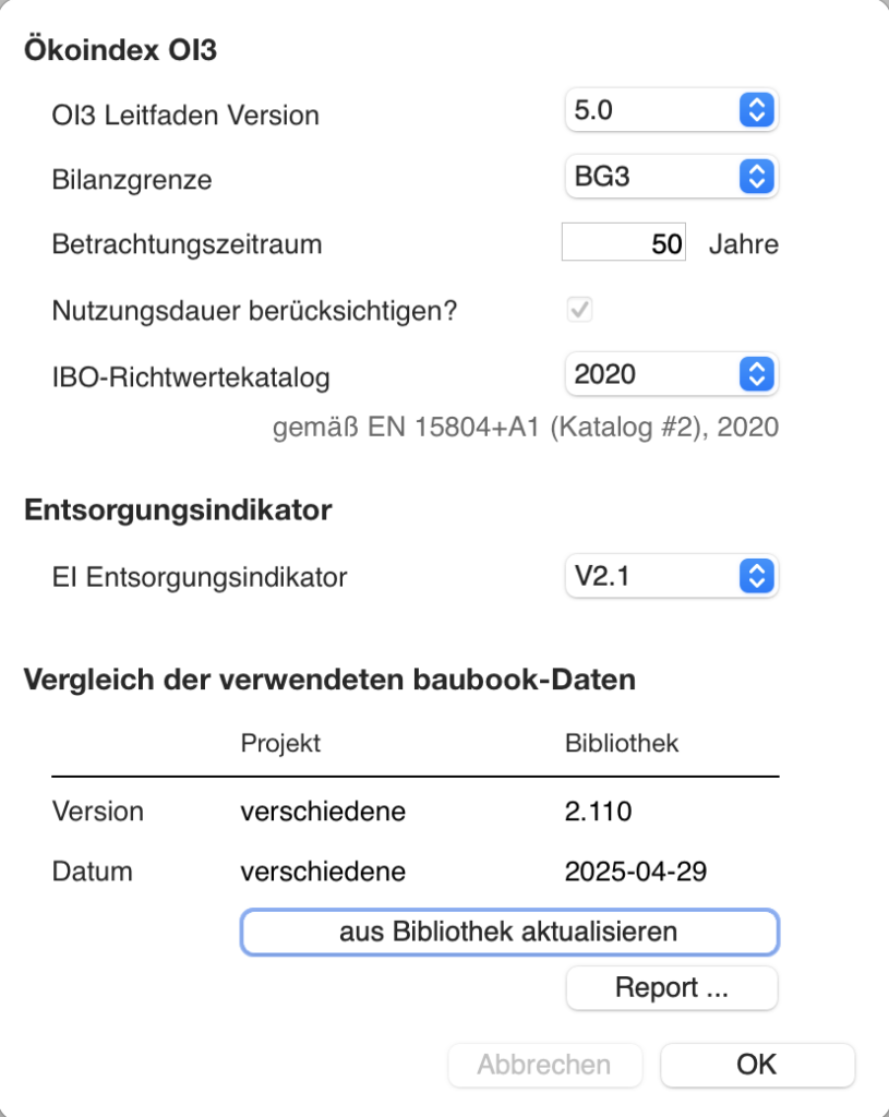Einstellungen für die Ökoindex OI3 Berechnung mit Bilanzgrenze 3 in ArchiPHYSIK
