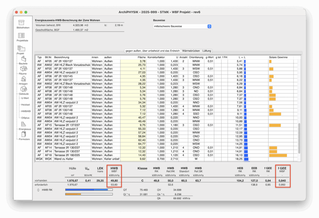 ArchiPHYSIK UI mit HWB Berechnung