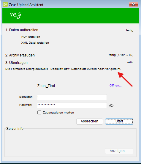 Zeus Upload mit ArchiPHYSIK
