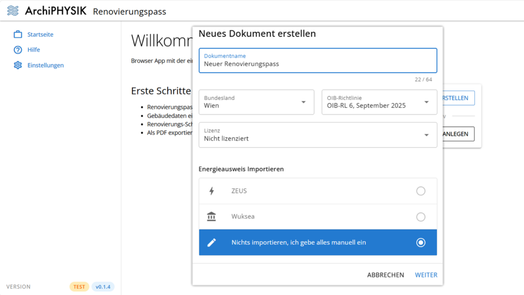 Neues Reovierungspass-Dokument mit der WebApp des Herstellers von ArchiPHYSIK anlegen.