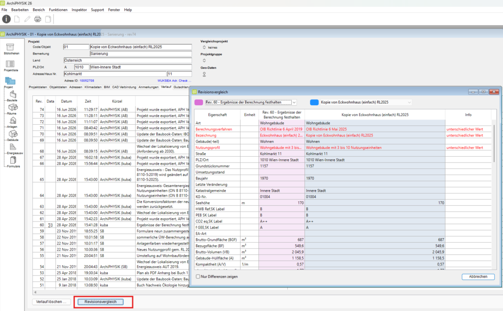 ArchiPHYSIK User Interface mit tabellarischer Anzeige von Unterschieden verschiedener Revisionen des Projekts. Unterschiede werden rot hervorgehoben.