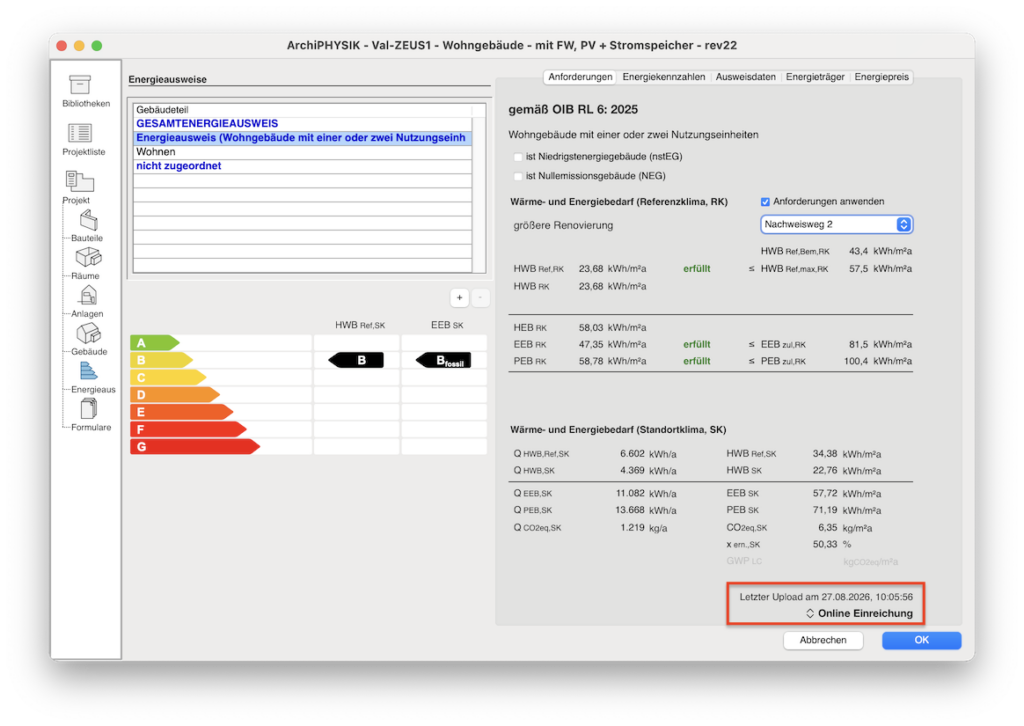 ArchiPHYSIK UI Bereich Energieausweise mit Hinweis wo der ZEUS Upload (die Energieausweis Registrierung) ausgelöst wird.