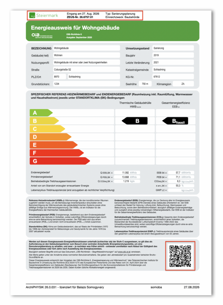 Beispiel der von der Energieausweis-Datenbank ZEUS am OIB RL2025 Deckblatt PDF aufgebrachte Stempel und QR-Code.