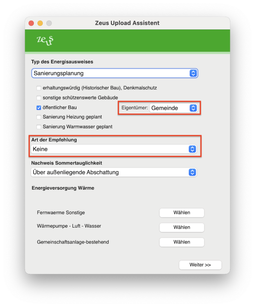 Zusätzliche Optionen "öffentlicher Bau" und Art der Eigentümer, sowie "Art der Empfehlung" im ZEUS Upload Dialog.