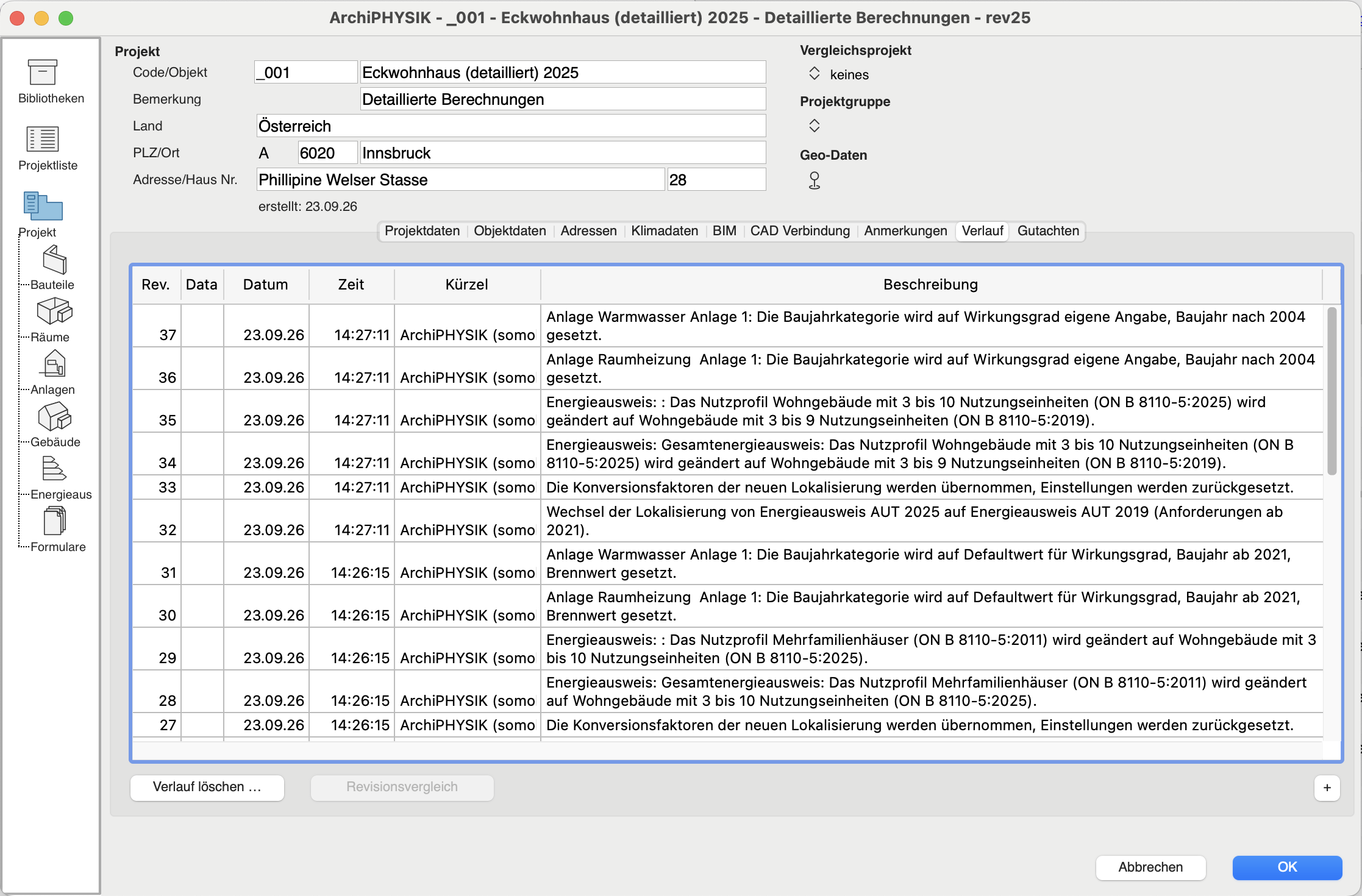 Angaben bezüglich automatischer Änderungen im ArchiPHYSIK Projekt bei einem Lokalisierungswechsel