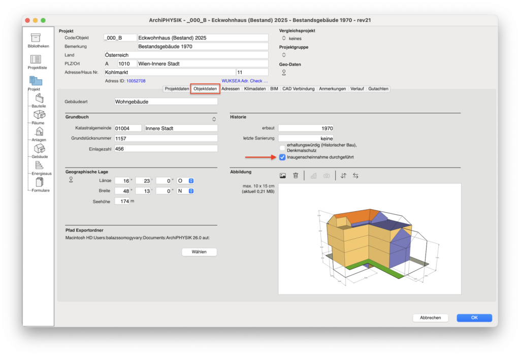 ArchiPHYSI UI mit Option Inaugenscheinnahme
